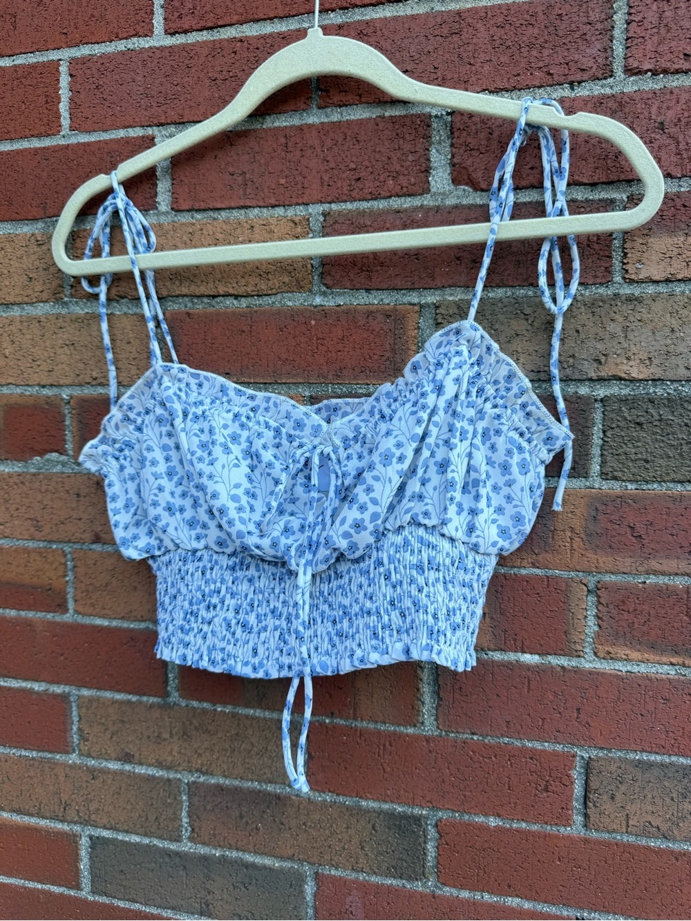Princess Polly Blue Floral Smocked Tie Strap Crop Top US 2 Cottagecore